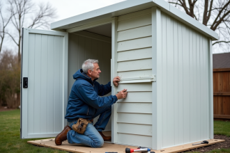 Homme posant de l'isolant dans un abri de jardin PVC