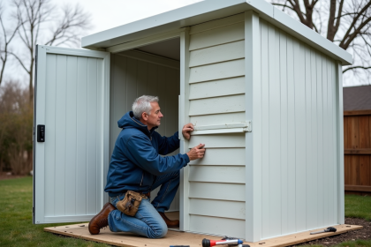 Homme posant de l'isolant dans un abri de jardin PVC