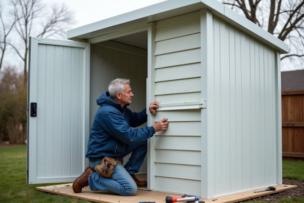 Homme posant de l'isolant dans un abri de jardin PVC