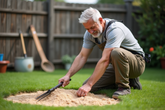 Homme en pantalon de jardinage étalant du sable sur la pelouse