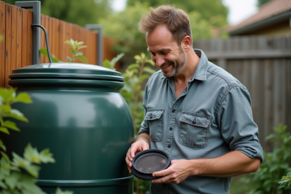 Homme inspectant un barrel d'eau de pluie dans le jardin