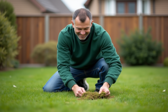 Homme d'âge moyen en sweat vert et jeans dans le jardin