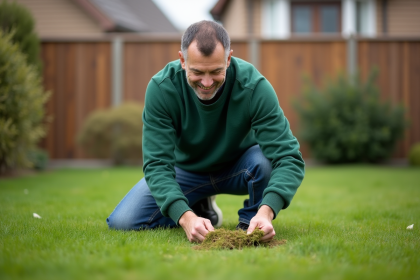 Homme d'âge moyen en sweat vert et jeans dans le jardin