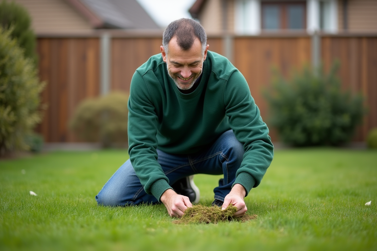 Homme d'âge moyen en sweat vert et jeans dans le jardin