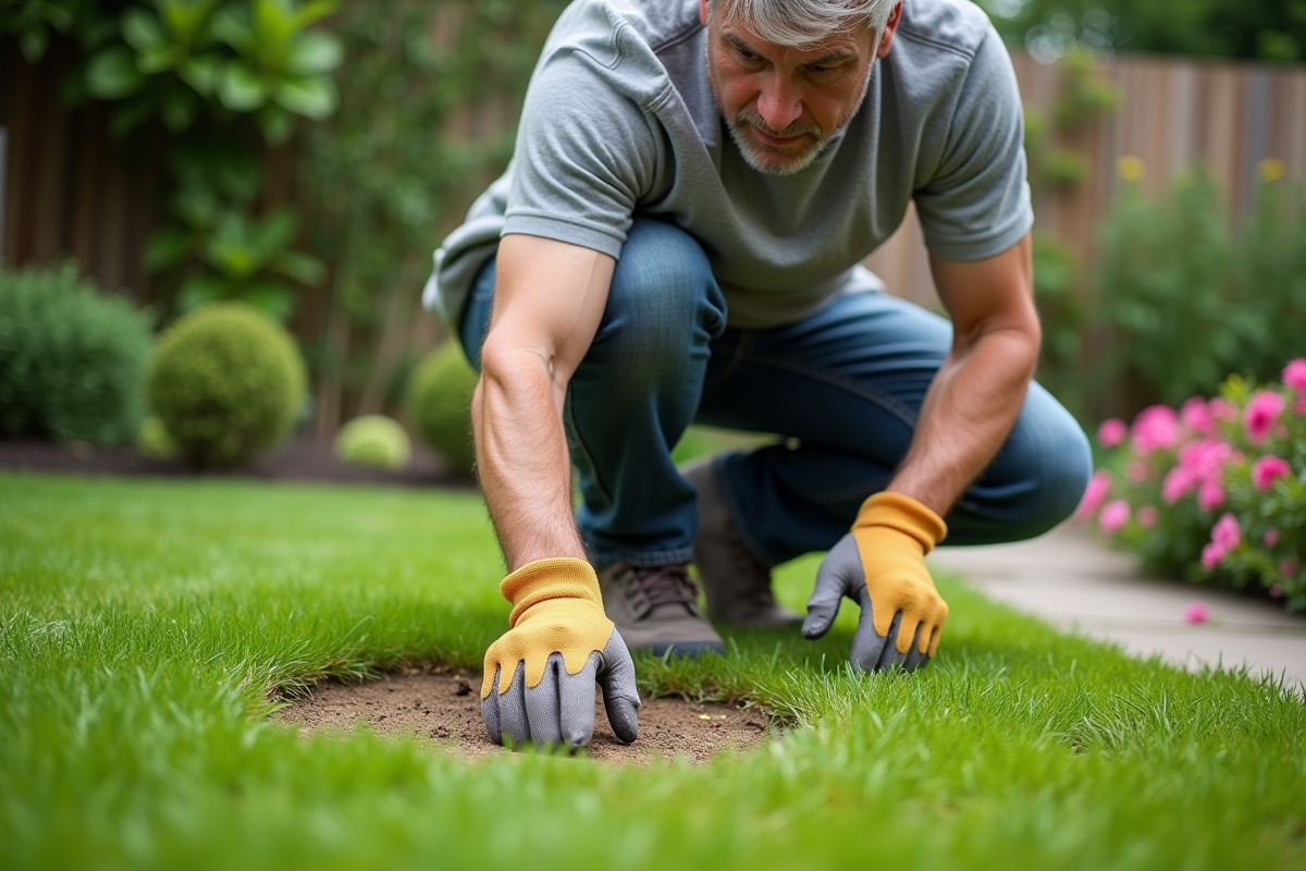 Homme en vêtements de jardinage appliquant de l'engrais sur la pelouse
