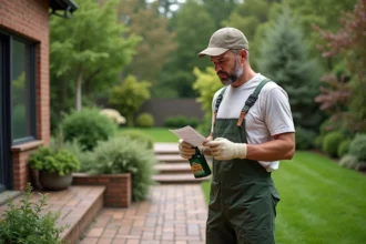 Homme d'âge moyen lisant une bouteille d'herbicide dans le jardin