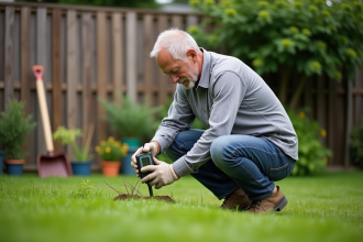 Homme en vêtements de jardinage inspectant un humidimètre dans le jardin