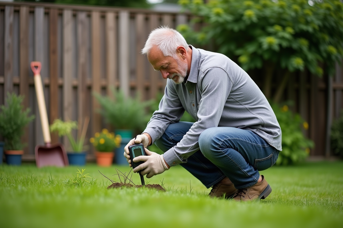Homme en vêtements de jardinage inspectant un humidimètre dans le jardin