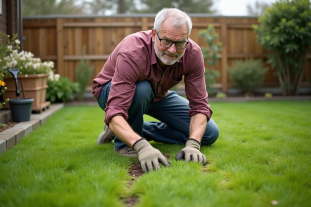 Homme d'âge moyen en tenue de jardinage arrosant la pelouse