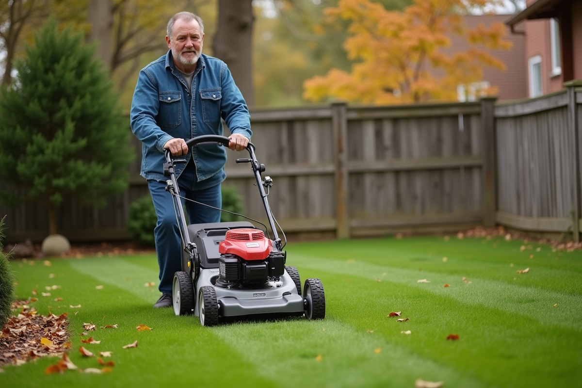Homme d'âge moyen poussant une tondeuse dans un jardin