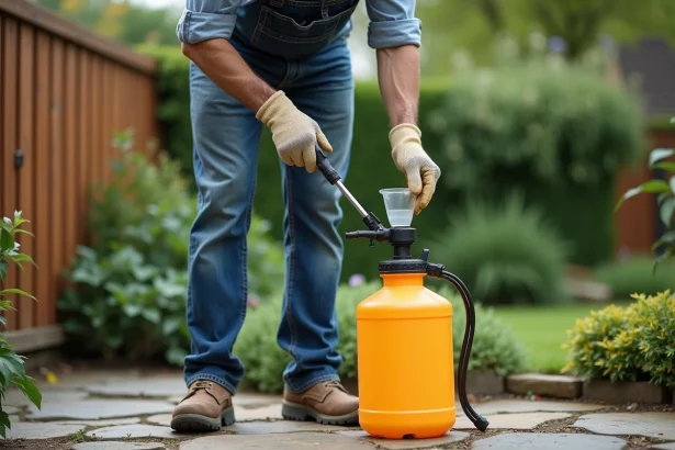 Homme mesurant herbicide avec pulvérisateur dans le jardin