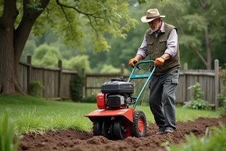 Homme en tenue de travail utilisant un motoculteur dans un jardin rural