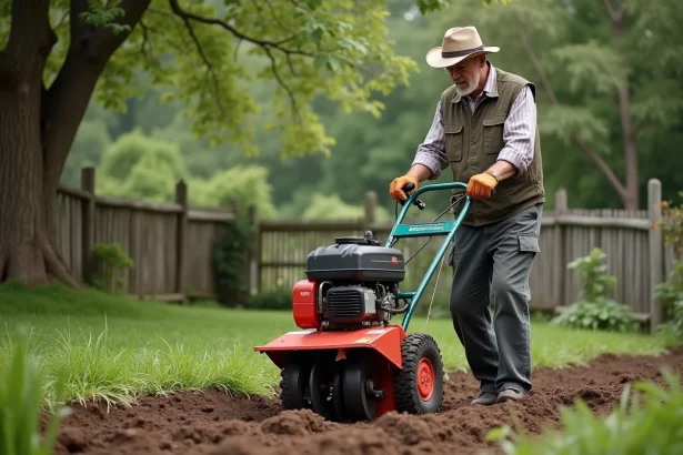 Homme en tenue de travail utilisant un motoculteur dans un jardin rural