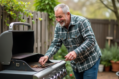 Homme d'âge moyen nettoyant un barbecue en acier