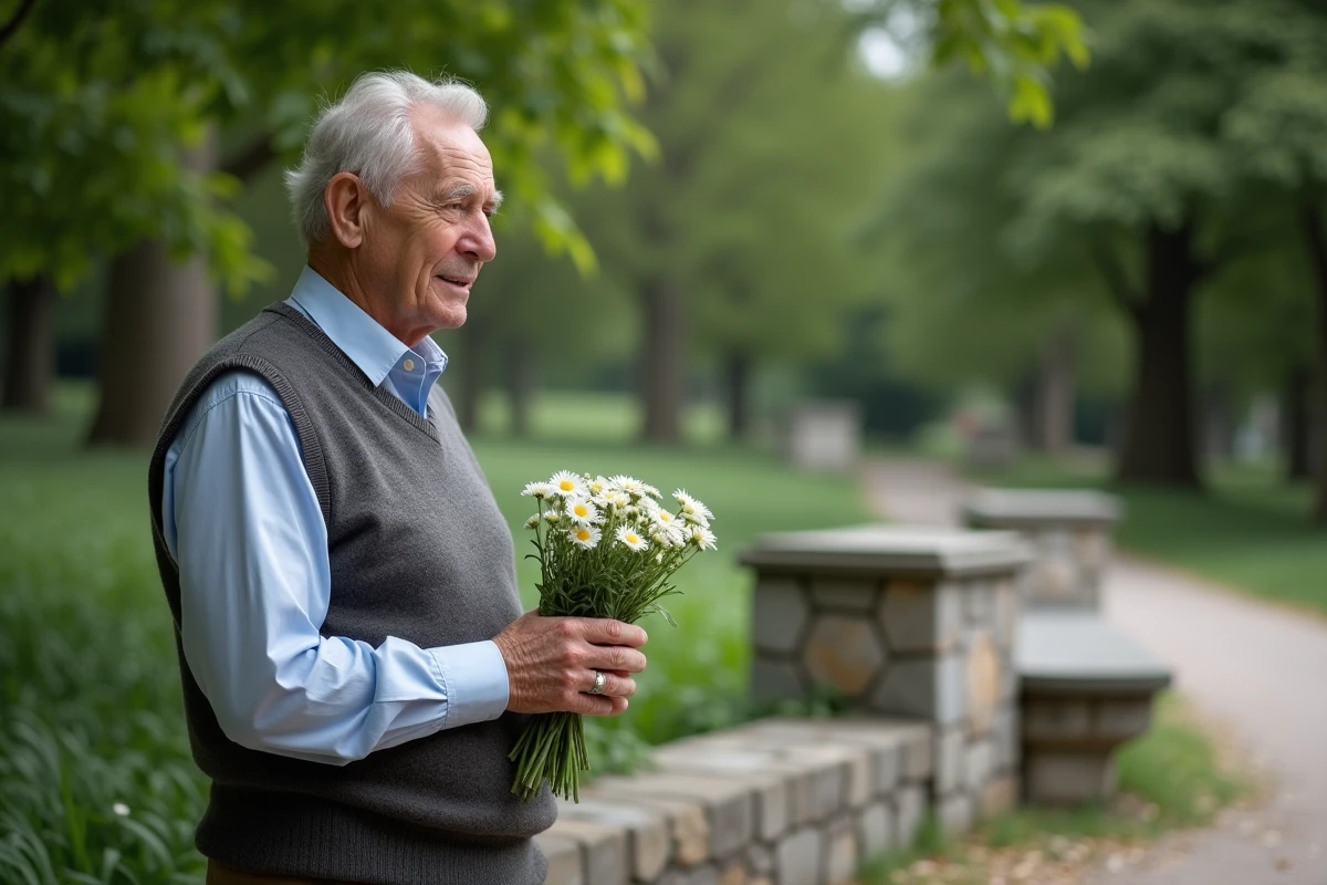Homme âgé tenant un bouquet de fleurs dans un parc paisible