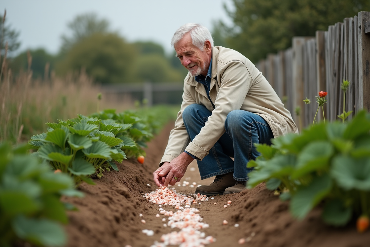 Homme âgé saupoudrant des coquilles d