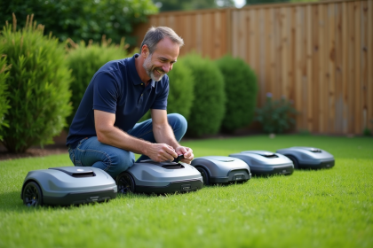 Homme d'âge moyen programment une tondeuse robot dans le jardin