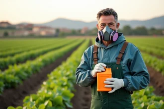 Homme en protection manipulant glyphosate dans un champ cultivé