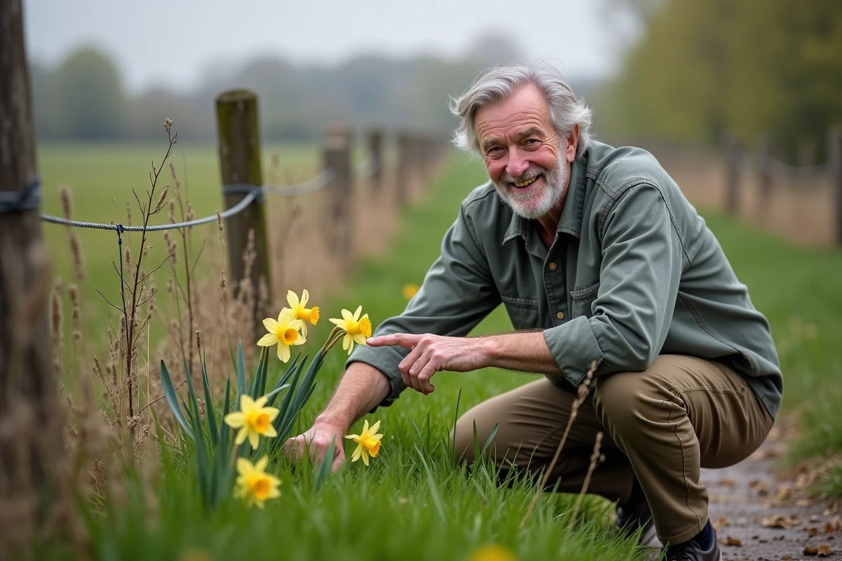 Homme âgé pointant des fleurs sauvages dans un champ
