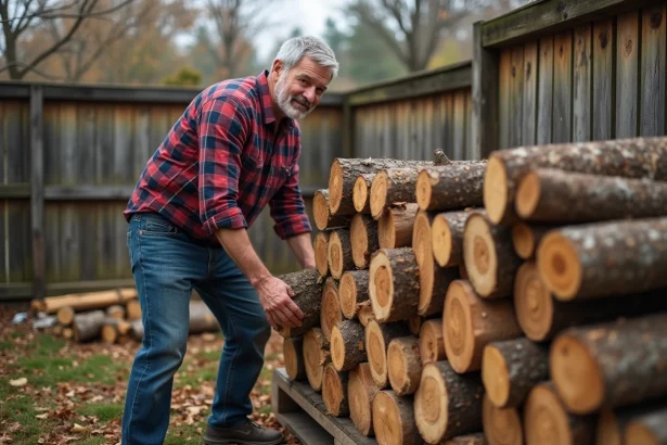 Homme d'âge moyen empilant du bois dans le jardin