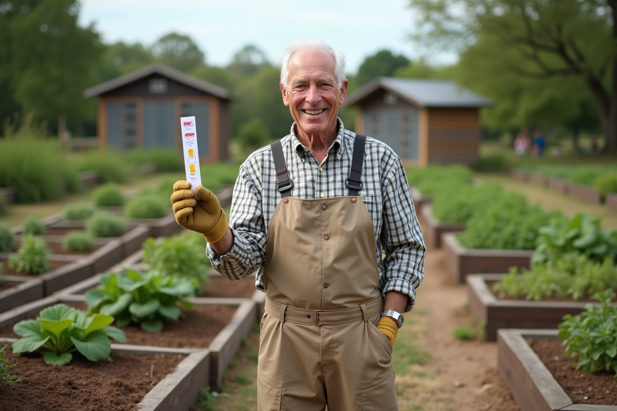 Homme testant le sol dans un jardin communautaire