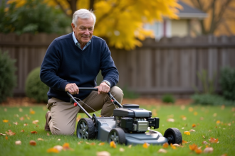 Homme d'âge moyen ajustant une tondeuse en automne