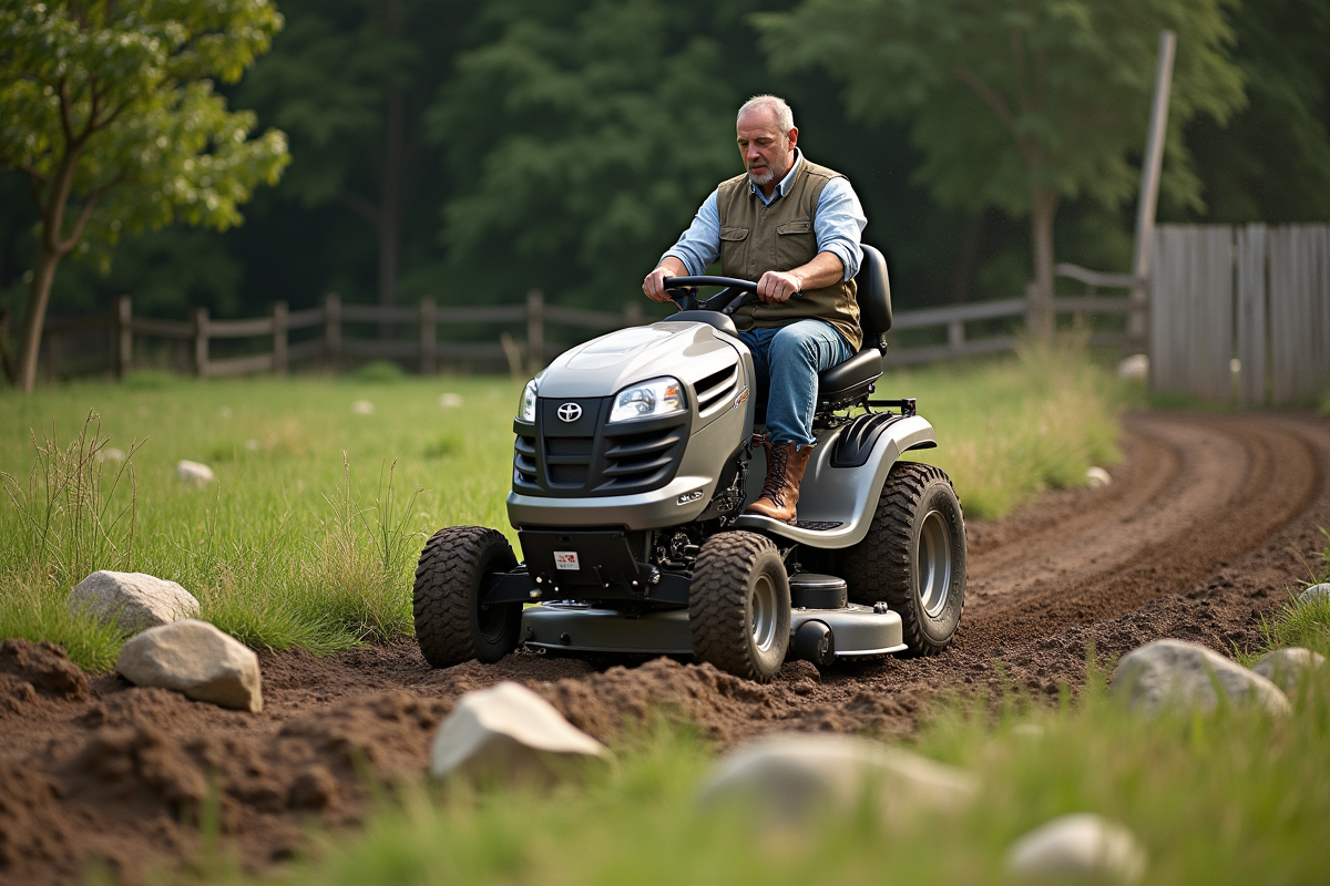 Homme en tenue de travail guidant une tondeuse robuste dans un jardin en pente