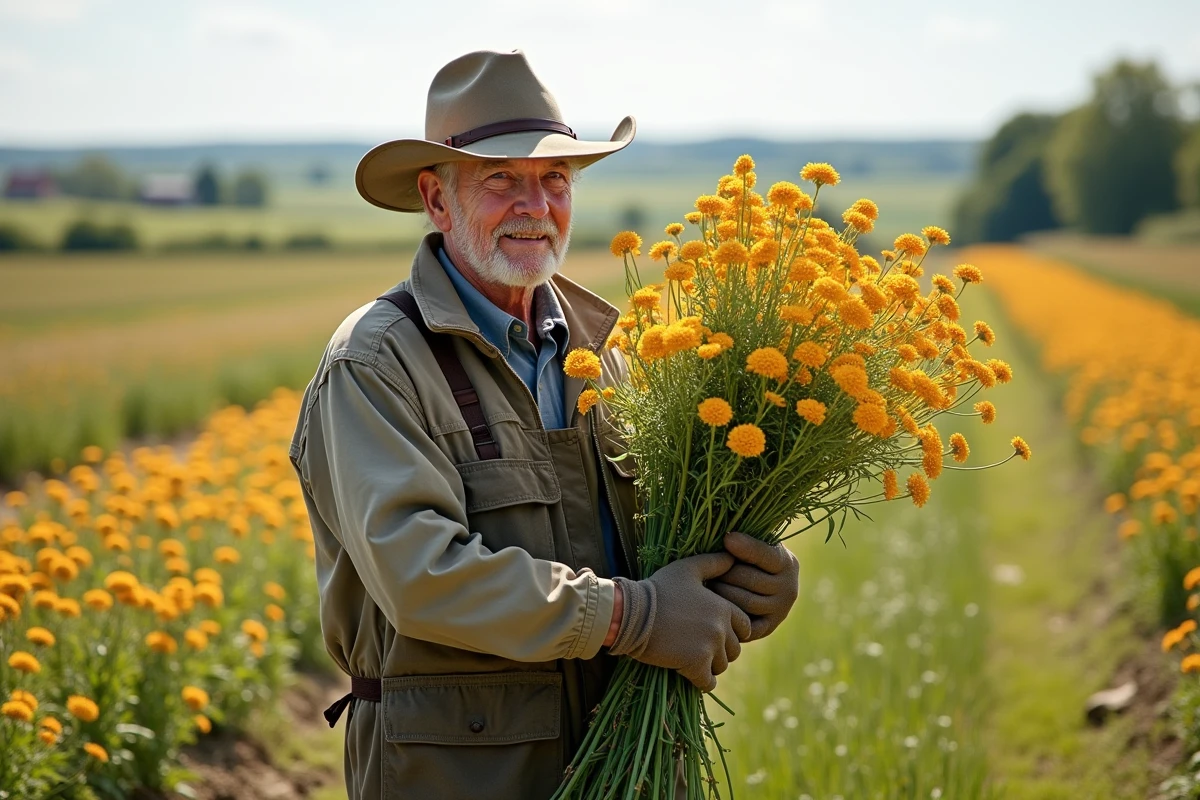 Homme horticulteur tenant des branches de waxflower dans un champ en plein air