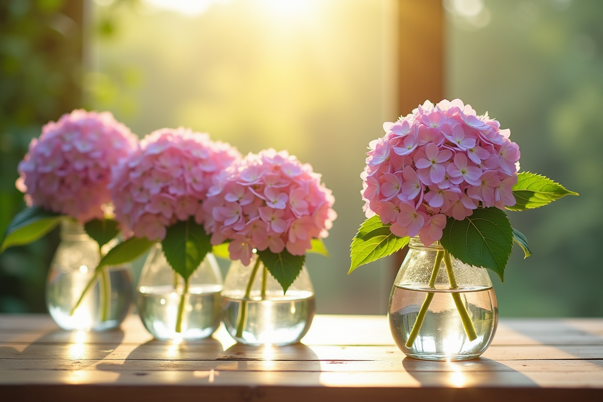 Hydrangeas dans des verres d eau sur une table en bois ensoleillee
