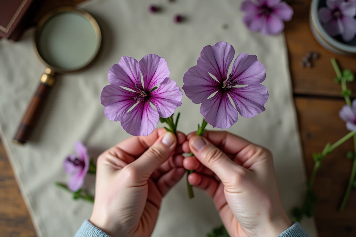 Comparaison tenue en main de fleurs mauves et violettes sauvages pour identification botanique, avec notes de terrain en arrière-plan