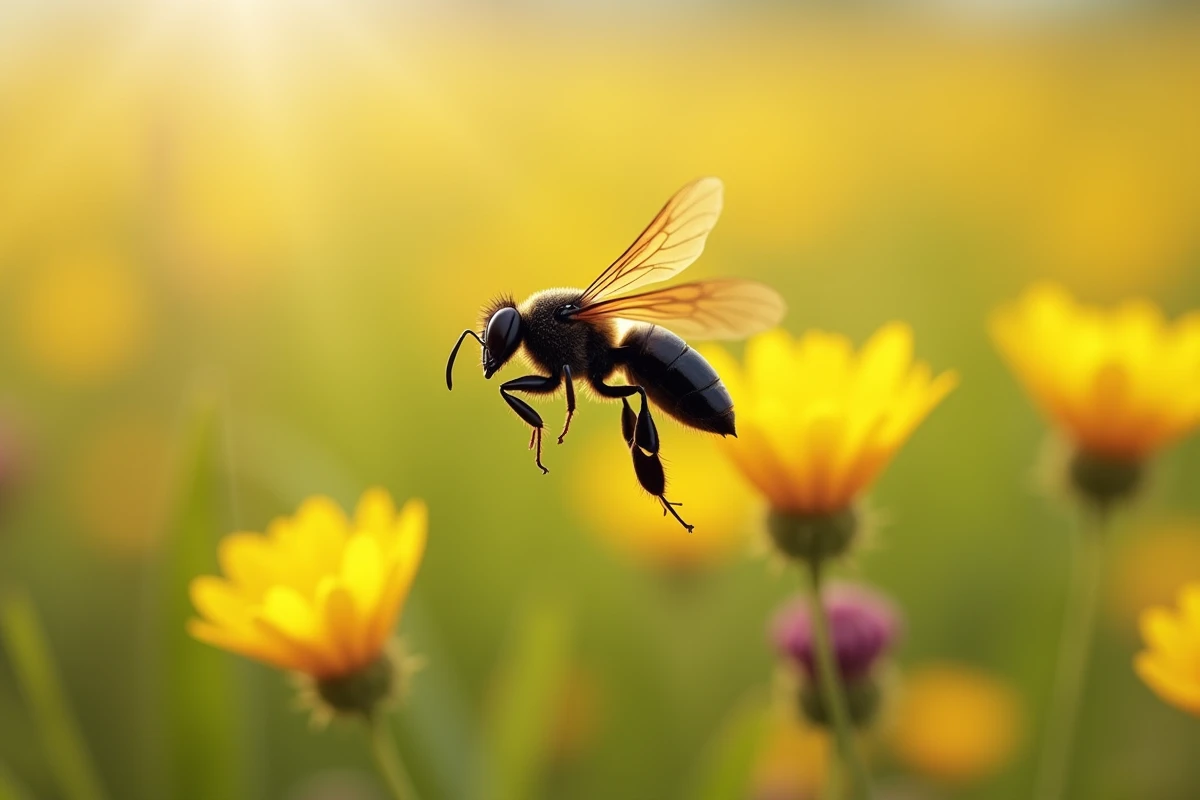 Grand insecte noir en plein vol au-dessus d'une prairie fleurie, ailes en mouvement, photo naturaliste pour identification d'espèce
