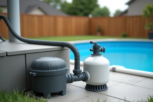 Installation complète d'une pompe à sable Intex connectée à une piscine hors-sol avec tuyaux flexibles et vanne multivoie visible