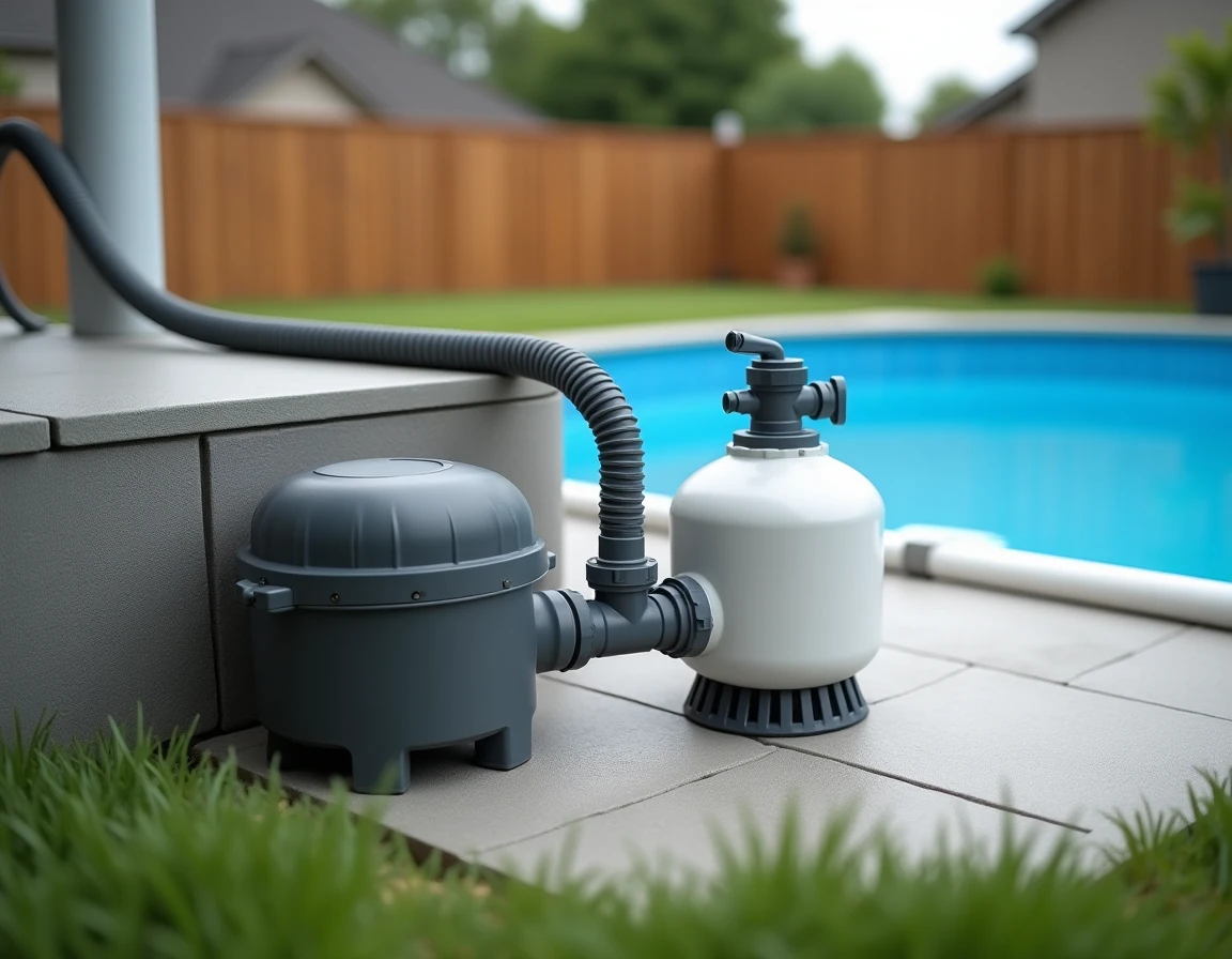 Installation complète d'une pompe à sable Intex connectée à une piscine hors-sol avec tuyaux flexibles et vanne multivoie visible