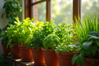 Jardin de balcon ombragé avec herbes aromatiques vertes