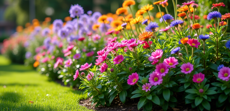 Bordure de jardin colorée avec des fleurs A en couches