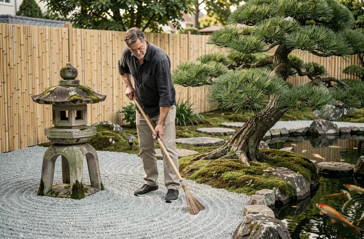 Spécialiste en jardin japonais ratissant un jardin zen avec lanterne en pierre et pin taillé en nuage dans une propriété de Seine-Saint-Denis