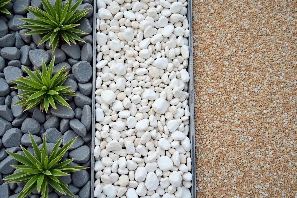 Vue aérienne d'un jardin minéral composé de trois zones de graviers et galets différents séparés par des bordures en acier corten