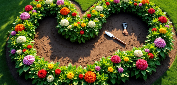 Jardin en forme S avec fleurs colorées vues du dessus