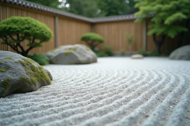Jardin zen minéral avec graviers ratissés en motifs parallèles et pierres plates recouvertes de mousse dans un espace zen soigné