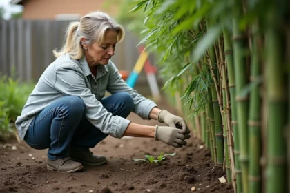 Femme jardinant examine jeunes bambous en jardin domestique
