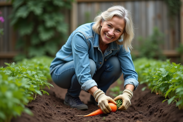Femme de milieu d'âge récoltant une carotte dans son jardin