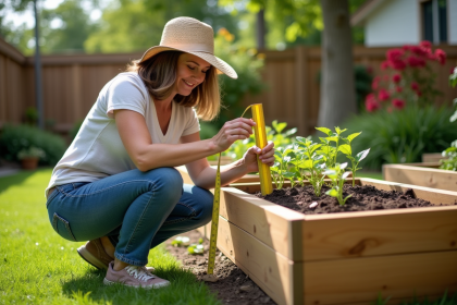 Femme d'âge moyen en tenue de jardinage mesurant un lit de jardin en bois