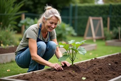 Femme en jardinage plantant une courgette dans le sol