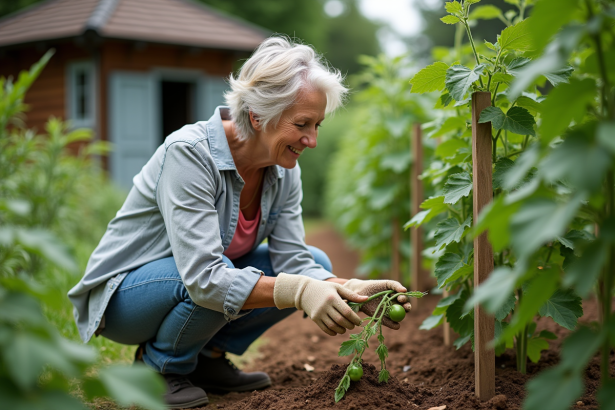 Femme jardinant avec tomates et courgettes dans un jardin