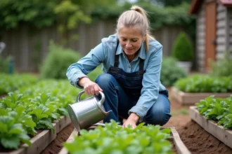 Femme jardinant avec Humonia dans un jardin en plein air
