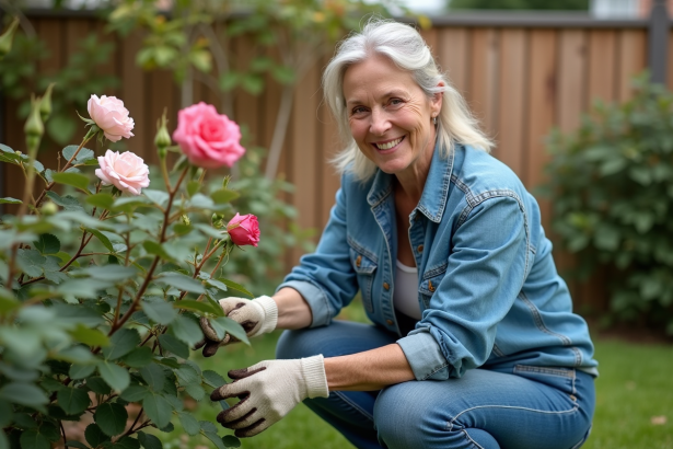 Femme en jardinage prune un rosier dans un jardin privé