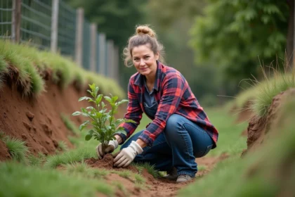 Femme plantant un arbuste dans un jardin en pente