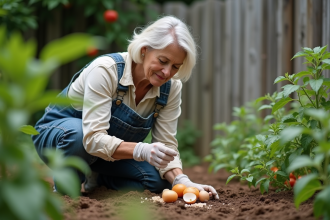 Femme en overalls de jardinage saupoudrant des coquilles d'œufs sur des tomates