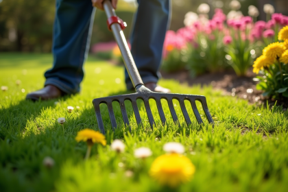 Jardinier en printemps utilisant un râteau pour dethatcher un gazon vert