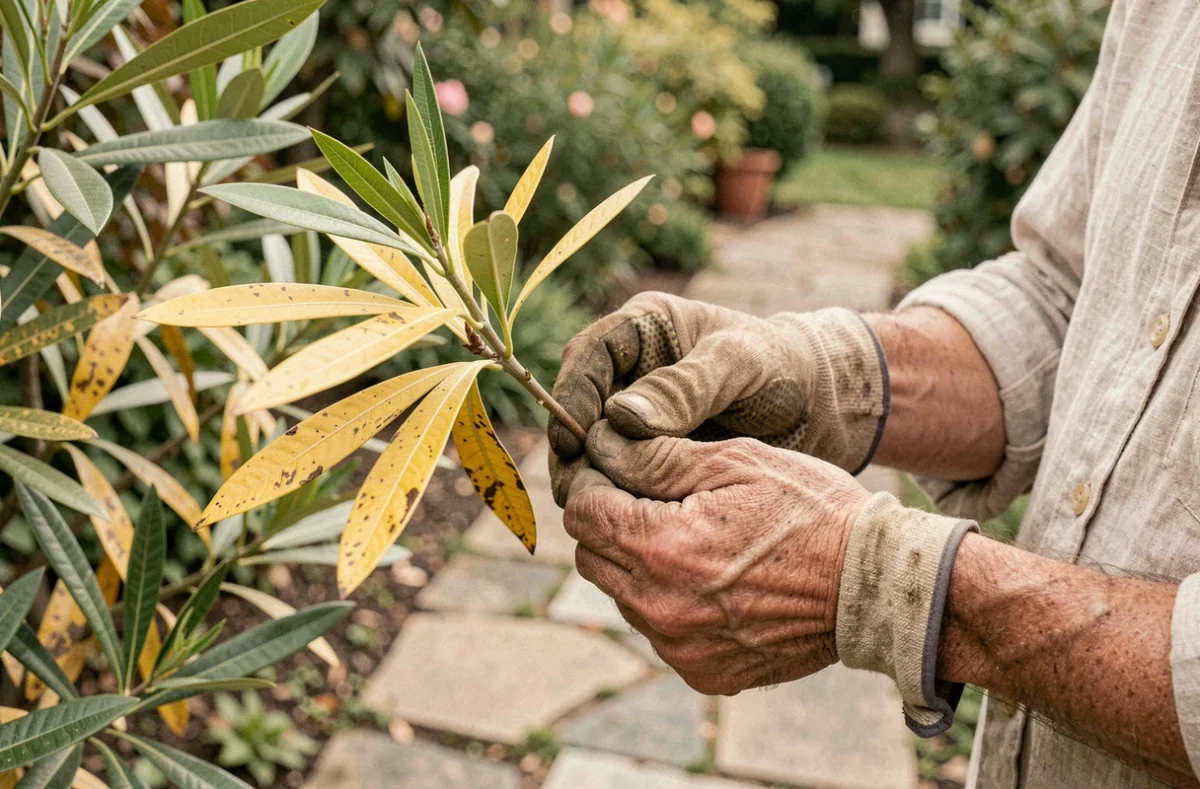 Jardinier tenant une branche de laurier rose aux feuilles jaunes pour en examiner les causes dans un jardin